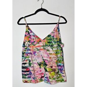 Amanda Uprichard 100% Silk Geometric Vibrant Floral V Neck‎ Cami Top Flirty M
